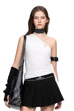 White One Shoulder Stretch Knit Ribbon Tops - ANN ANDELMAN