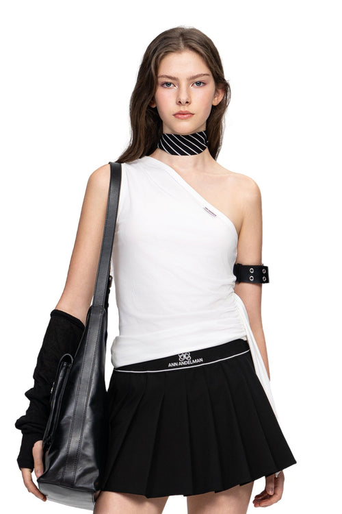 White One Shoulder Stretch Knit Ribbon Tops - ANN ANDELMAN