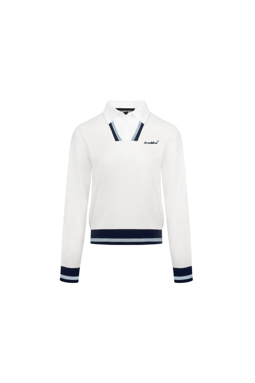 White Polo Collar Faux Two - piece Knit Sweater - ANN ANDELMAN