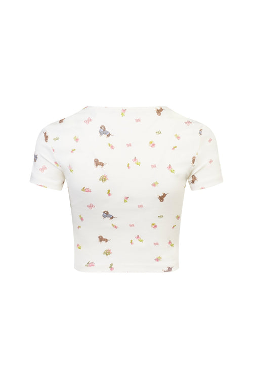 White Puppy Print Open - chested T-shirt - ANN ANDELMAN