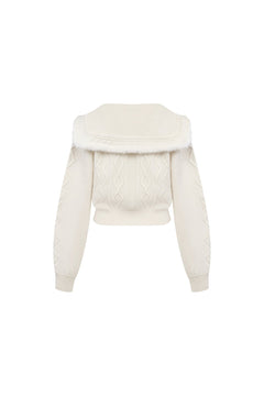 White Sailor Collar Cable Knit Cropped Cardigan - ANN ANDELMAN