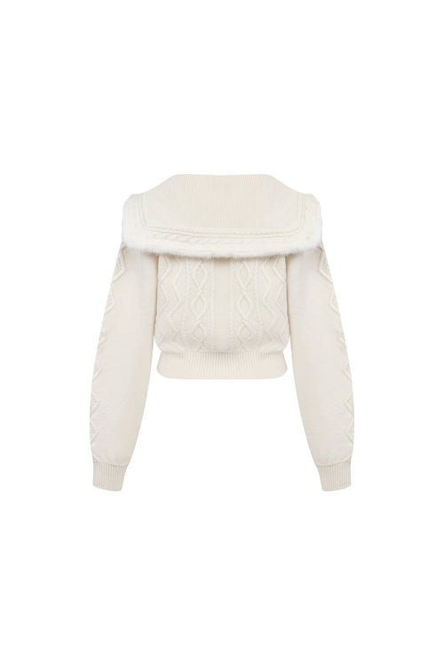 White Sailor Collar Cable Knit Cropped Cardigan - ANN ANDELMAN