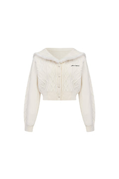 White Sailor Collar Cable Knit Cropped Cardigan - ANN ANDELMAN