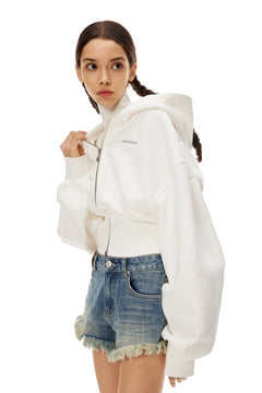 White Short Double Zipper High Waist Hoodie - ANN ANDELMAN