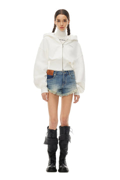 White Short Double Zipper High Waist Hoodie - ANN ANDELMAN