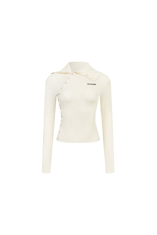 White Slanted Placket Knit Top - ANN ANDELMAN