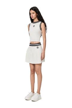 White Square Logo Color-blocked Knitted Pleated Skirt - ANN ANDELMAN