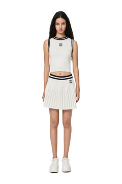 White Square Logo Color-blocked Knitted Pleated Skirt - ANN ANDELMAN
