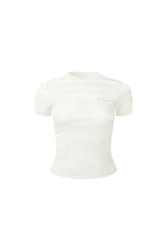 White Textured Jacquard Knit Short-sleeved T-shirt - ANN ANDELMAN