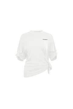 White Thin Knit T-shirt with Tufted Sleeves - ANN ANDELMAN