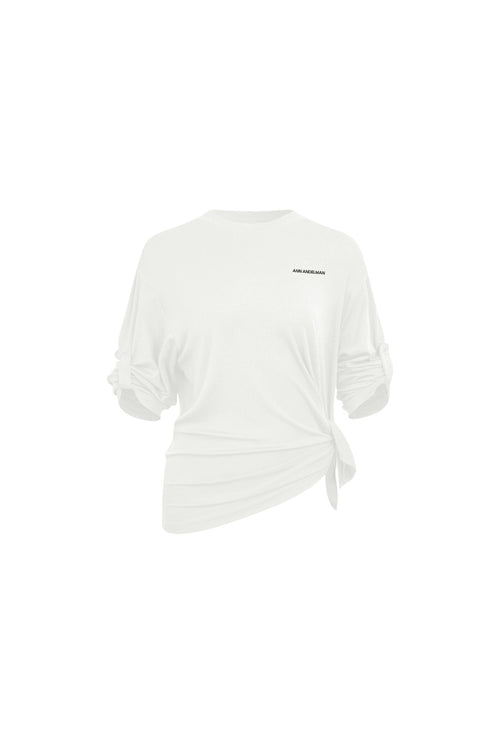 White Thin Knit T-shirt with Tufted Sleeves - ANN ANDELMAN