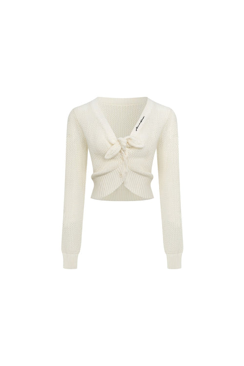 White Tie - up Openwork Knit Top - ANN ANDELMAN