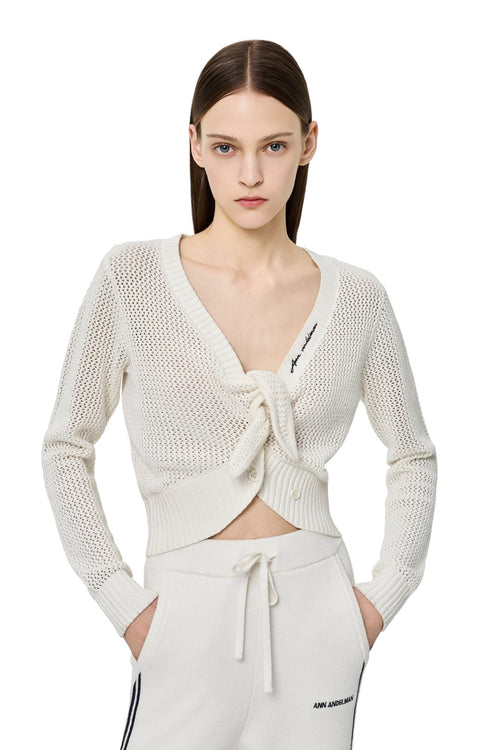 White Tie - up Openwork Knit Top - ANN ANDELMAN