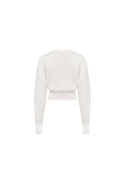 White V - neck Lace Patchwork Waist Knitted Cardigan - ANN ANDELMAN