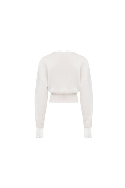 White V - neck Lace Patchwork Waist Knitted Cardigan - ANN ANDELMAN