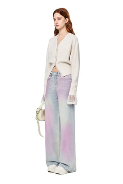 White V - neck Lace Patchwork Waist Knitted Cardigan - ANN ANDELMAN