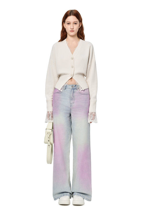 White V - neck Lace Patchwork Waist Knitted Cardigan - ANN ANDELMAN