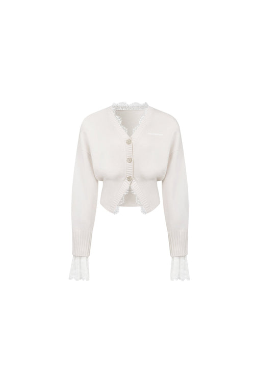 White V - neck Lace Patchwork Waist Knitted Cardigan - ANN ANDELMAN