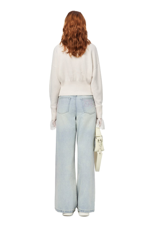 White V - neck Lace Patchwork Waist Knitted Cardigan - ANN ANDELMAN