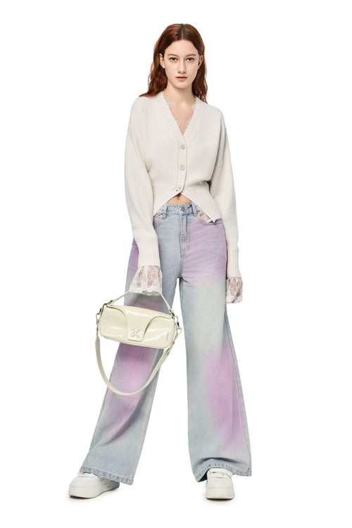 White V - neck Lace Patchwork Waist Knitted Cardigan - ANN ANDELMAN