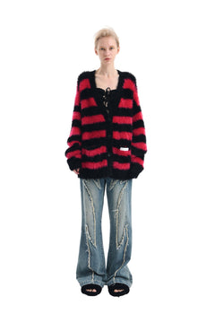 Black and Red Striped Wool Cardigan - ANN ANDELMAN