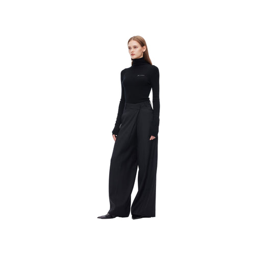 Black Wide-Leg Folded Waist Suit Pants - ANN ANDELMAN