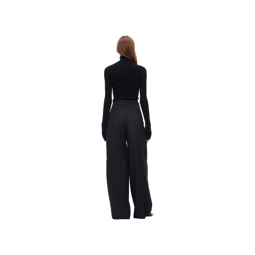 Black Wide-Leg Folded Waist Suit Pants - ANN ANDELMAN