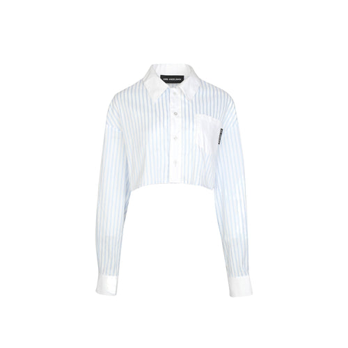 Blue and White Vertical Stripe Short Shirts - ANN ANDELMAN