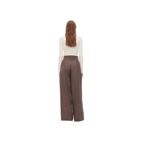 Brown Wide-Leg Folded Waist Suit Pants - ANN ANDELMAN
