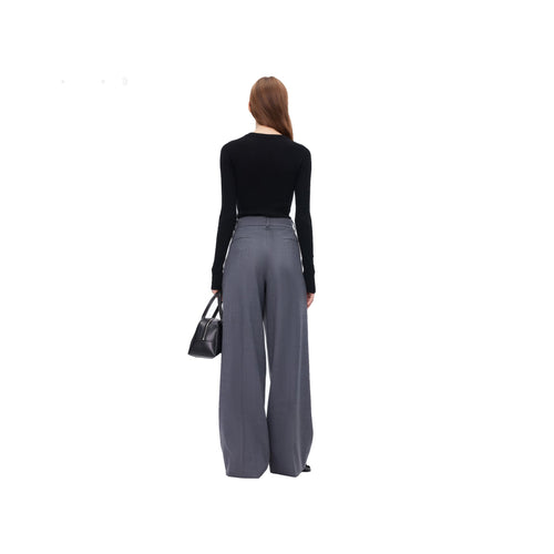 Grey Wide-Leg Folded Waist Suit Pants - ANN ANDELMAN