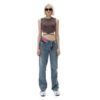 Pink Leather Patch Twisted Jeans Blue - ANN ANDELMAN