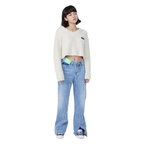 Short V-neck wool long-sleeved pullover sweater White - ANN ANDELMAN