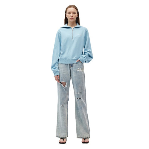 Zipper Pullover Sweatshirt Blue - ANN ANDELMAN